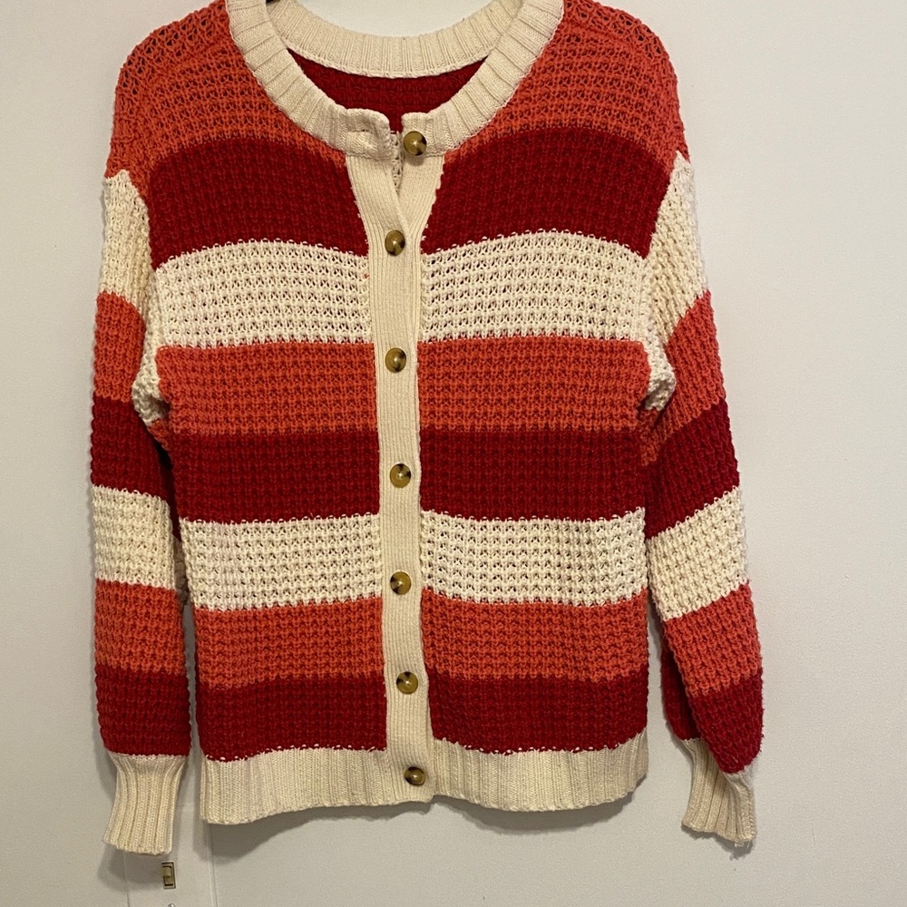 POPSUGAR Red, Orange & Cream Striped Crochet Cardigan